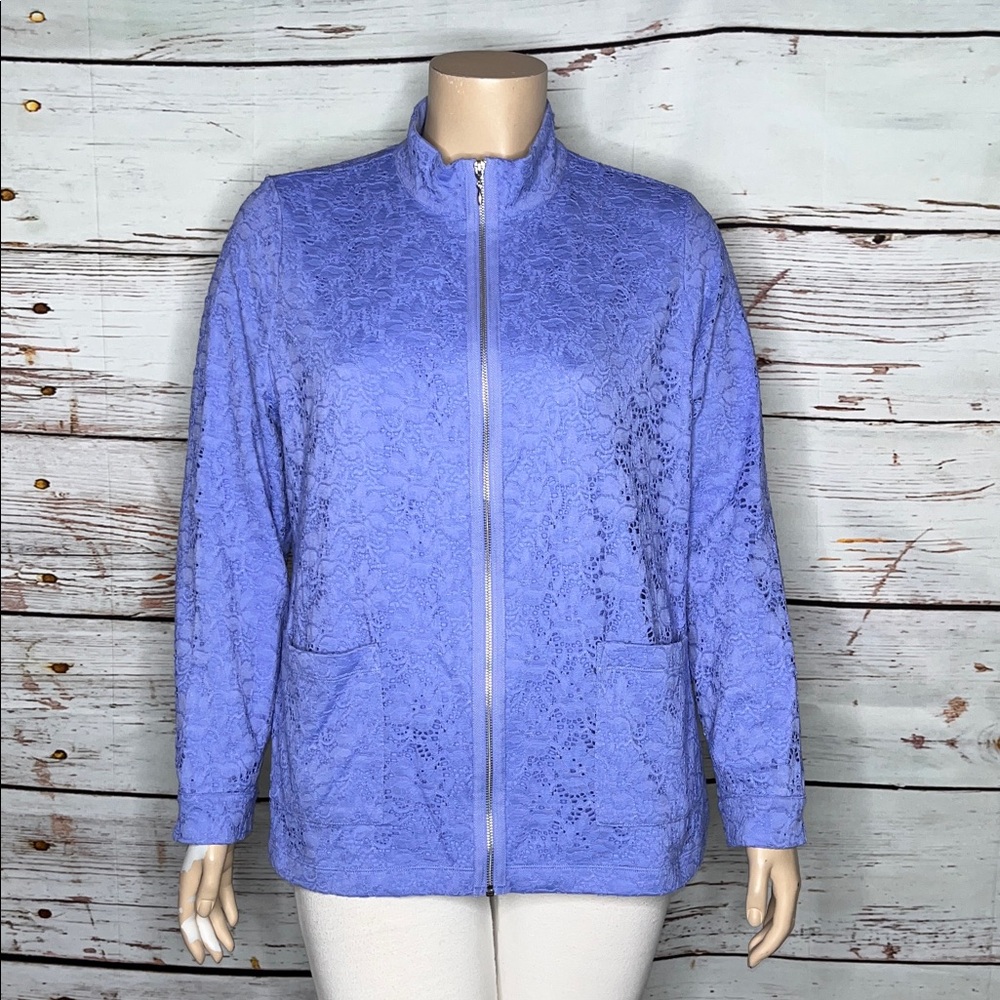 Denim & Co. Size XL Purple Floral Lace Overlay Zip Front Jacket